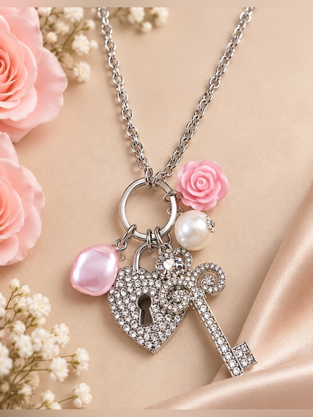 Silver Heart & Key Pendant Necklace with Pink Accents